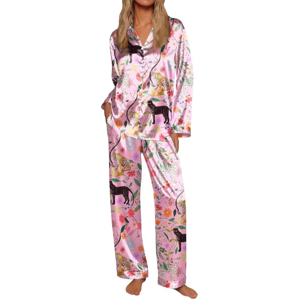 imageEkouaer Silk Satin Pajamas for Women Button Down Pjs Set Long Sleeve Loungewear 2 Piece Wide Leg SleepwearPink Tiger