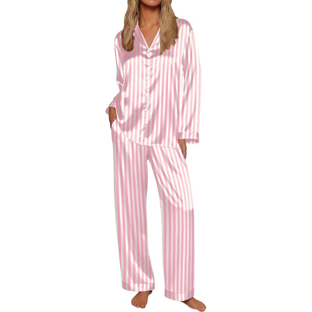 imageEkouaer Silk Satin Pajamas for Women Button Down Pjs Set Long Sleeve Loungewear 2 Piece Wide Leg SleepwearPink White Stripe