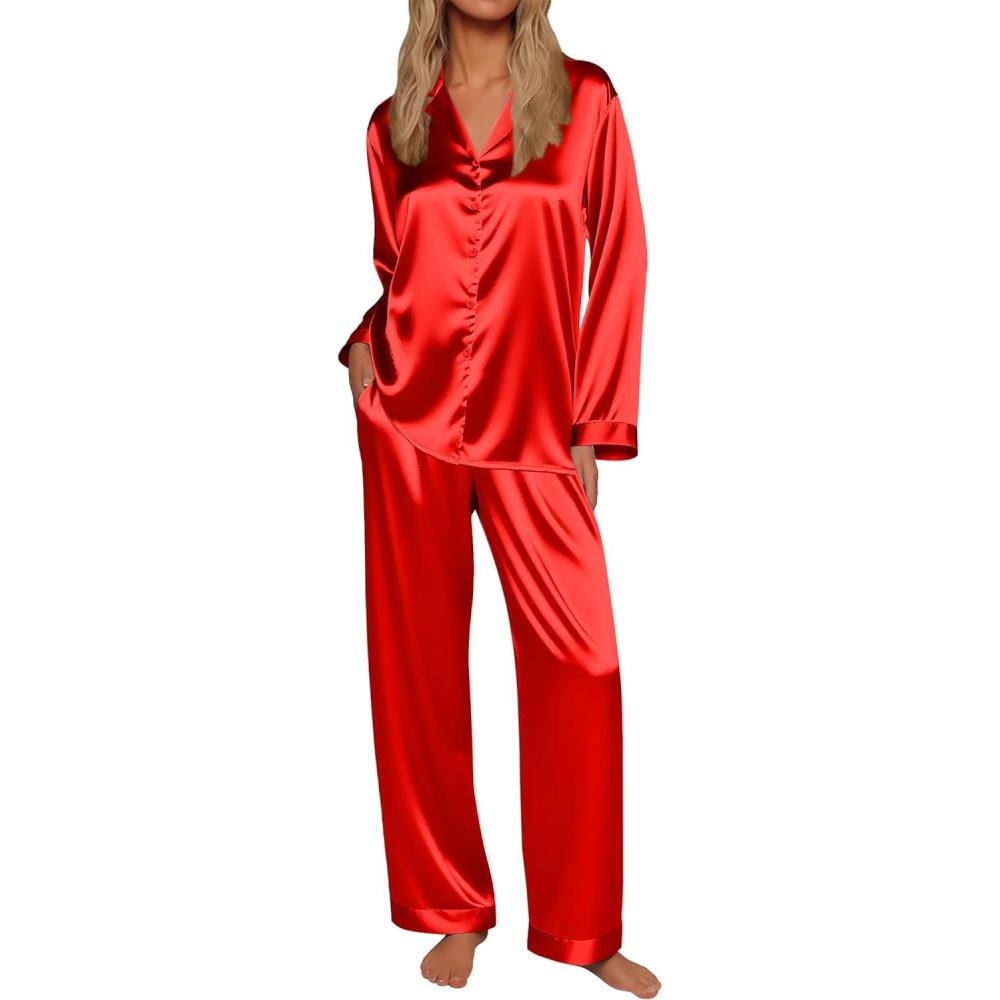 imageEkouaer Silk Satin Pajamas for Women Button Down Pjs Set Long Sleeve Loungewear 2 Piece Wide Leg SleepwearRed