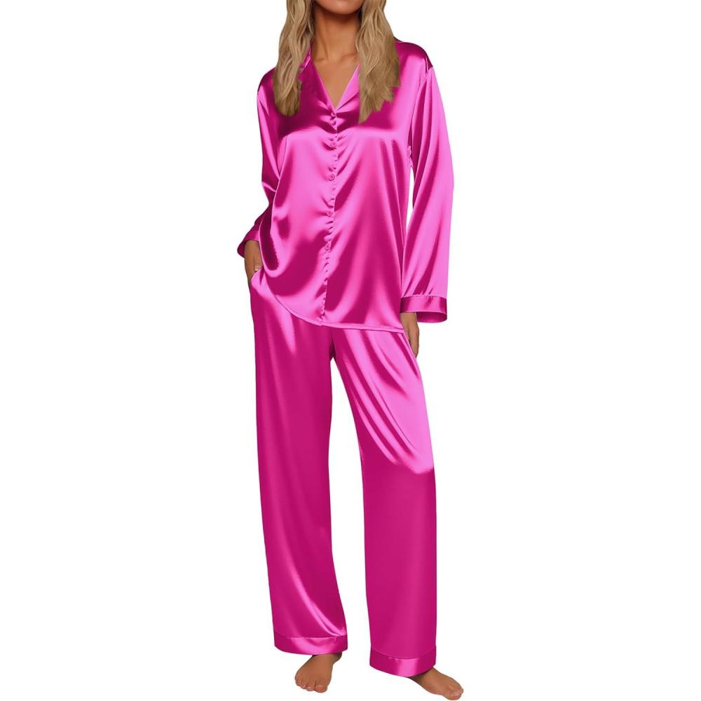 imageEkouaer Silk Satin Pajamas for Women Button Down Pjs Set Long Sleeve Loungewear 2 Piece Wide Leg SleepwearRose Red