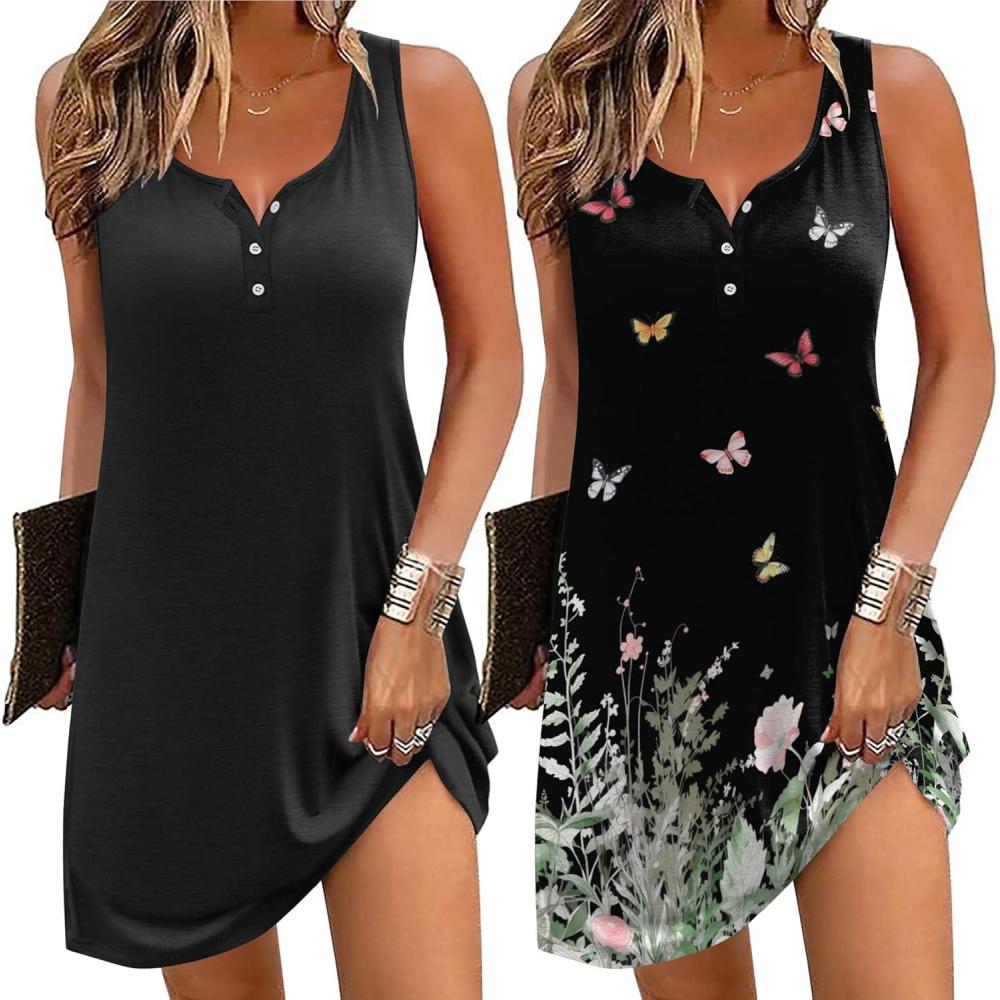 imageEkouaer Tank Nightgowns for Women 2 Pack Sexy Night Gown Sleeveless Sleepwear Soft Sleep Dress Button SleepshirtBlackfloral Black