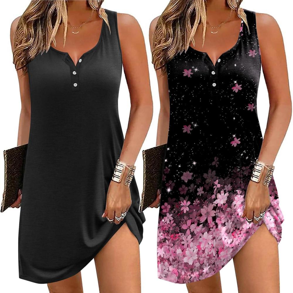 imageEkouaer Tank Nightgowns for Women 2 Pack Sexy Night Gown Sleeveless Sleepwear Soft Sleep Dress Button SleepshirtBlackpink Floral