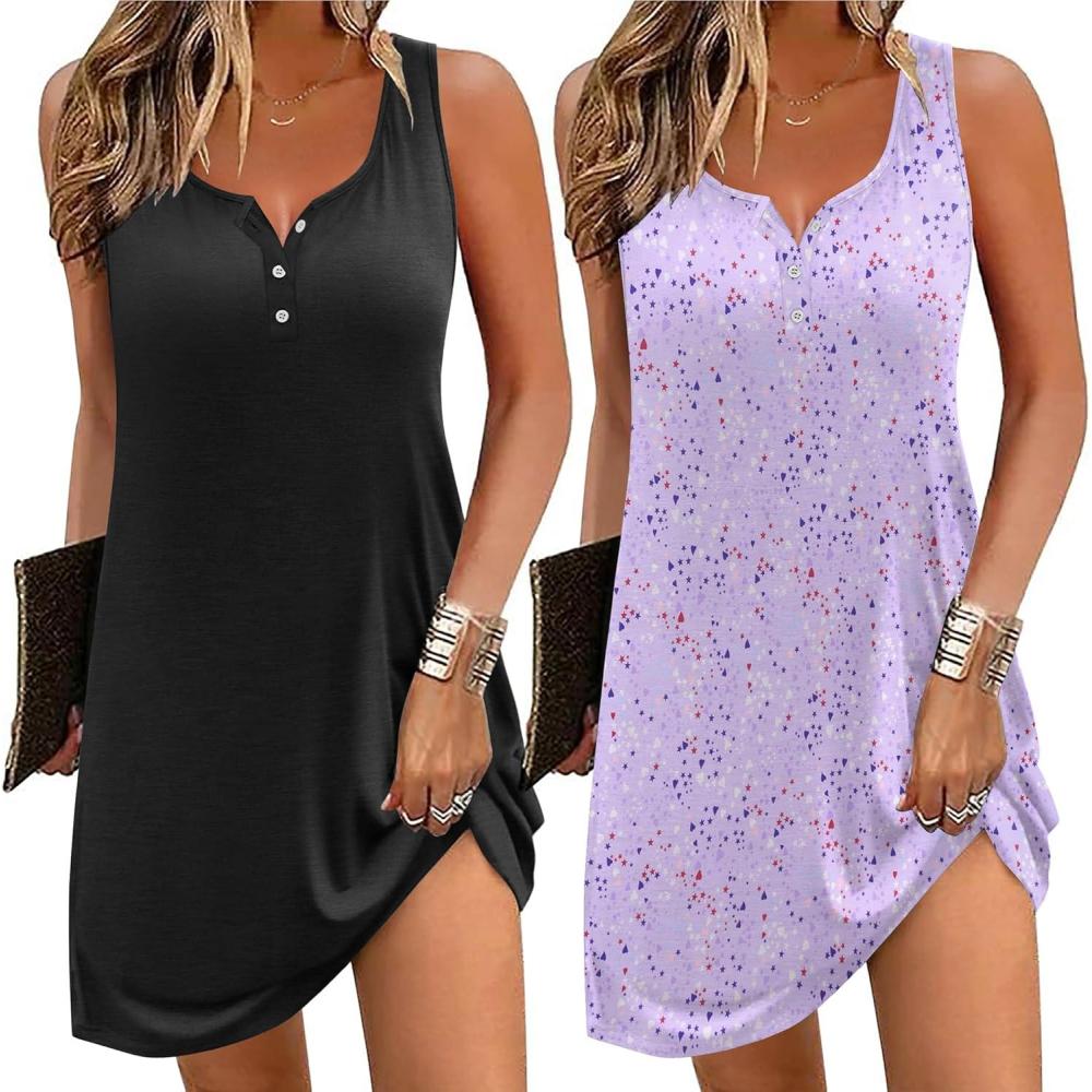imageEkouaer Tank Nightgowns for Women 2 Pack Sexy Night Gown Sleeveless Sleepwear Soft Sleep Dress Button SleepshirtBlackpurple Star