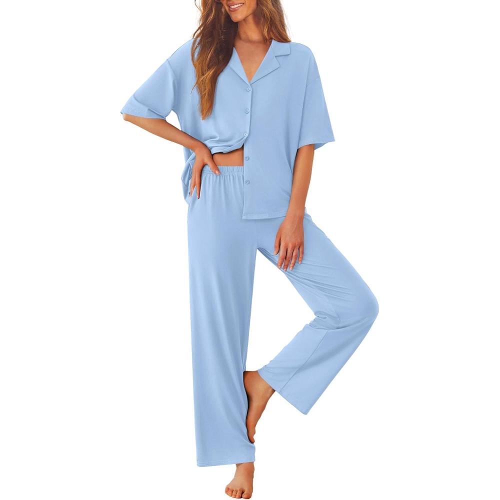 imageEkouaer Women Pajamas Set Button Down Sleepwear Short Sleeve Pjs Soft Comfy Nightwear with Long Pants SXXLLight Blue