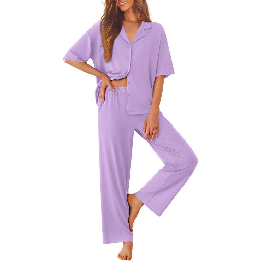 imageEkouaer Women Pajamas Set Button Down Sleepwear Short Sleeve Pjs Soft Comfy Nightwear with Long Pants SXXLLight Purple