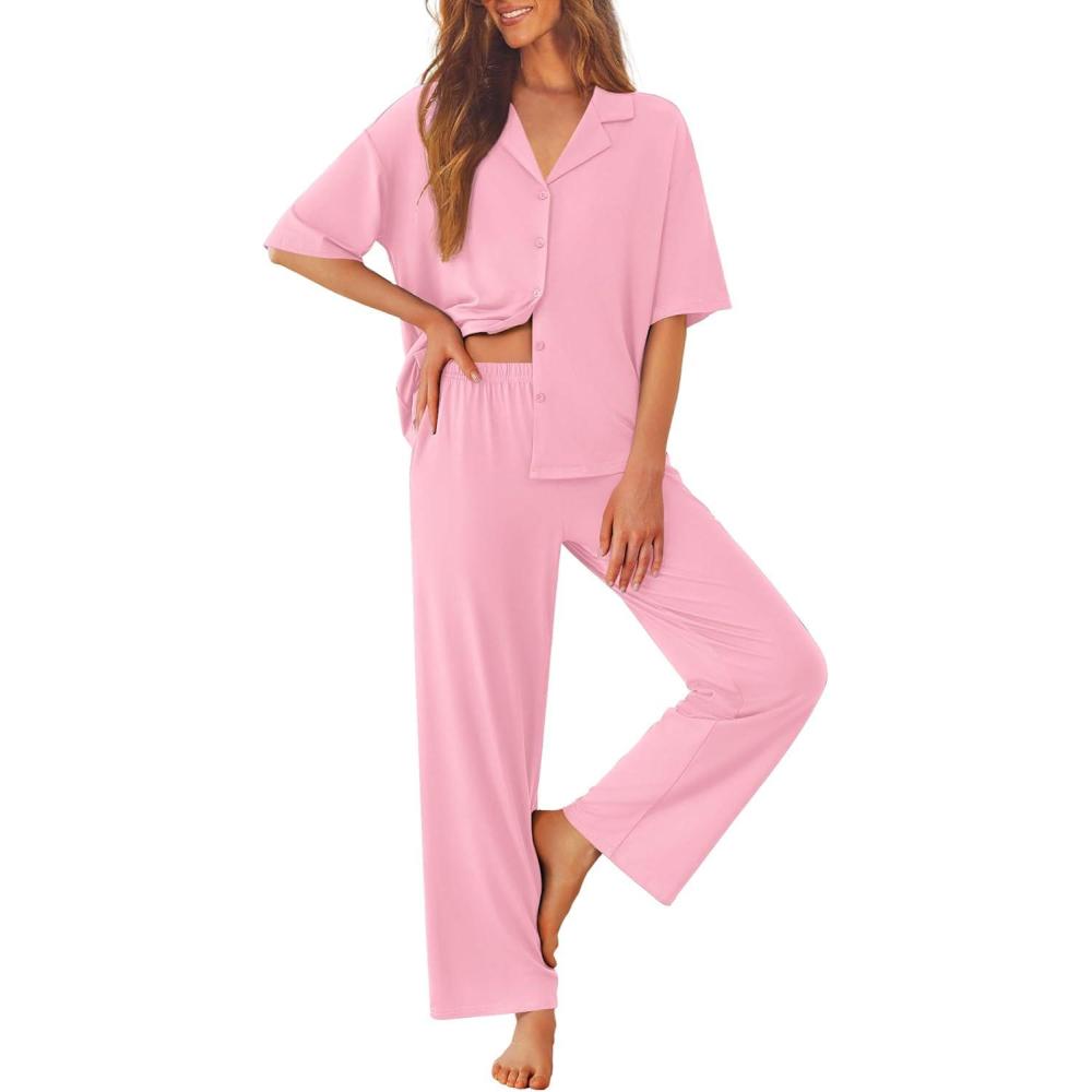 imageEkouaer Women Pajamas Set Button Down Sleepwear Short Sleeve Pjs Soft Comfy Nightwear with Long Pants SXXLPink