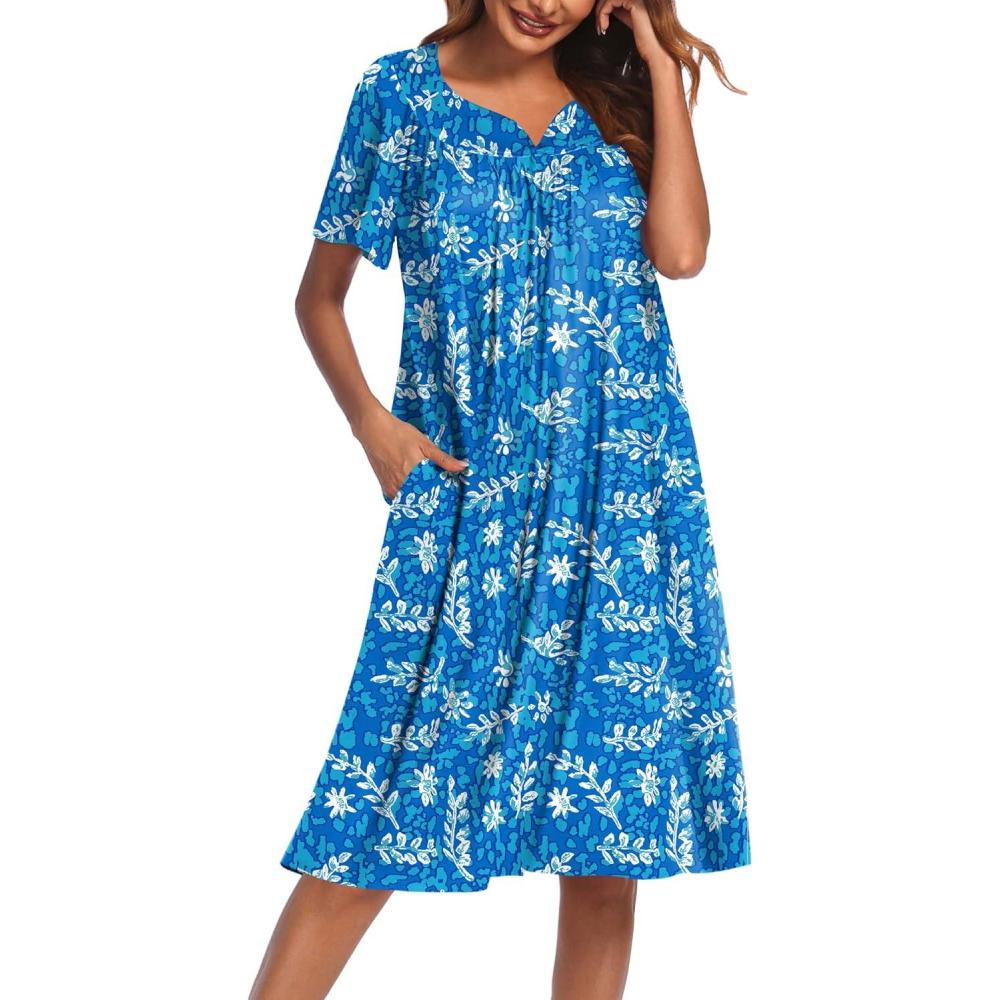 imageEkouaer Womens House Dress with PocketsBlue White Leaf