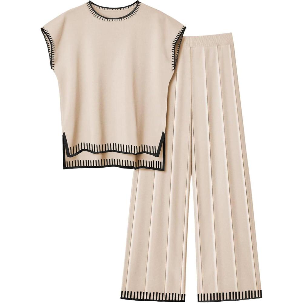 imageEkouaer Womens Matching Sets Knit Sweater Sets 2 Pieces Outfits Pullover Tops Wide Legs Pants Lounge SetApricot