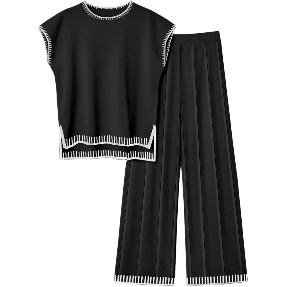 imageEkouaer Womens Matching Sets Knit Sweater Sets 2 Pieces Outfits Pullover Tops Wide Legs Pants Lounge SetBlack