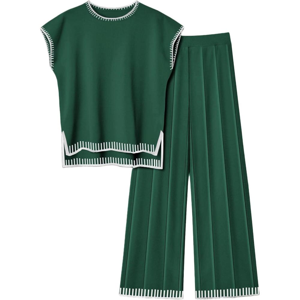 imageEkouaer Womens Matching Sets Knit Sweater Sets 2 Pieces Outfits Pullover Tops Wide Legs Pants Lounge SetBright Green