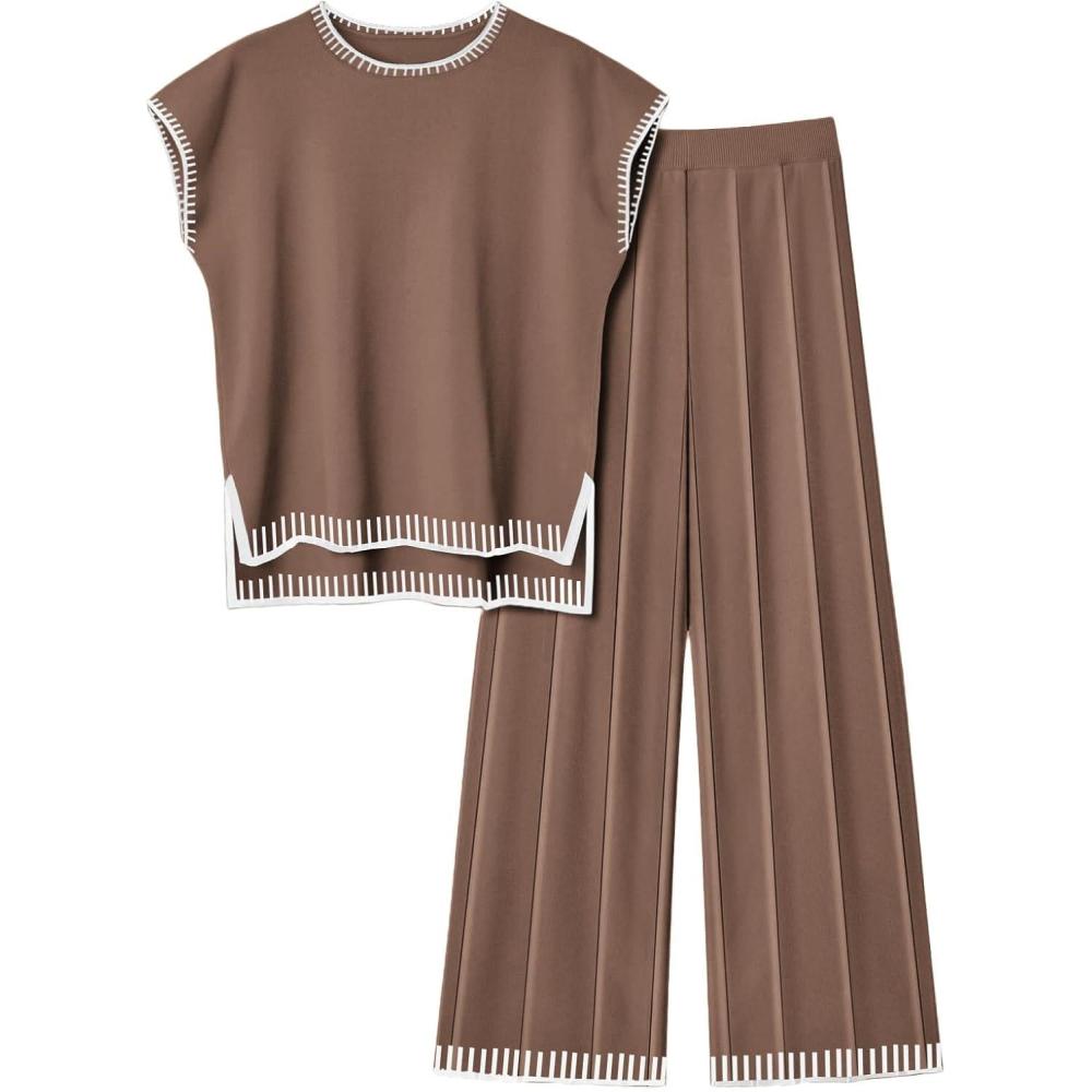 imageEkouaer Womens Matching Sets Knit Sweater Sets 2 Pieces Outfits Pullover Tops Wide Legs Pants Lounge SetBrown