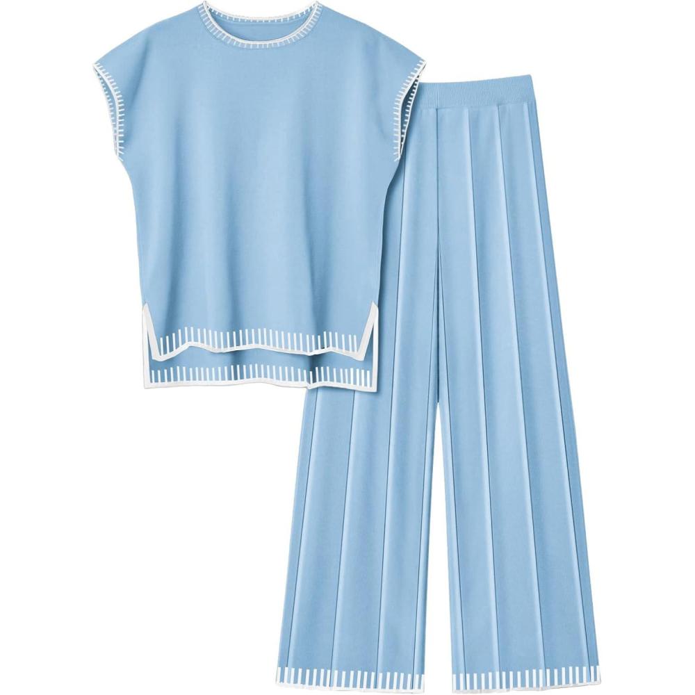 imageEkouaer Womens Matching Sets Knit Sweater Sets 2 Pieces Outfits Pullover Tops Wide Legs Pants Lounge SetClear Blue