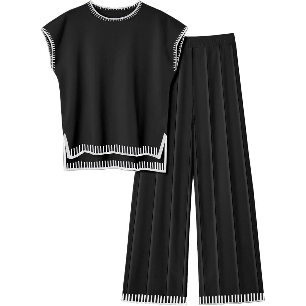 imageEkouaer Womens Matching Sets Knit Sweater Sets 2 Pieces Outfits Pullover Tops Wide Legs Pants Lounge SetDark Black