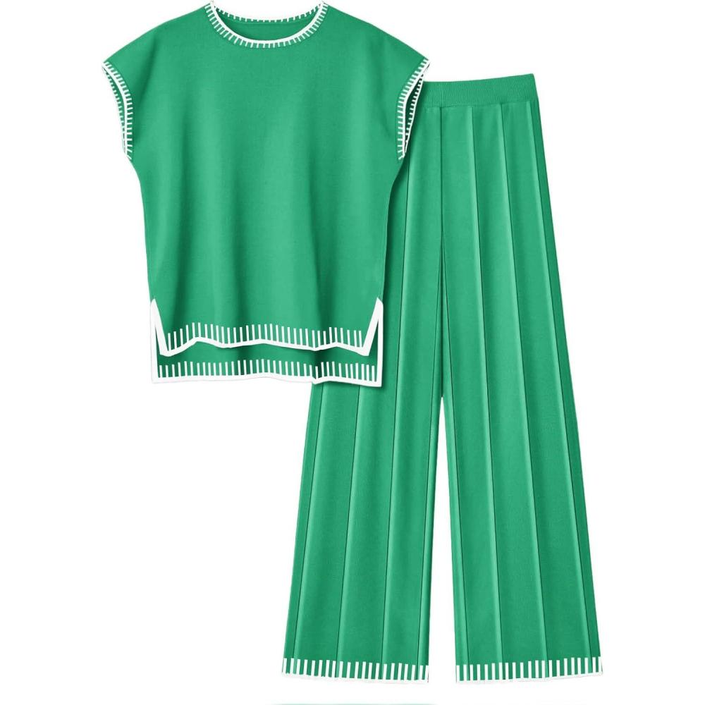 imageEkouaer Womens Matching Sets Knit Sweater Sets 2 Pieces Outfits Pullover Tops Wide Legs Pants Lounge SetGreen