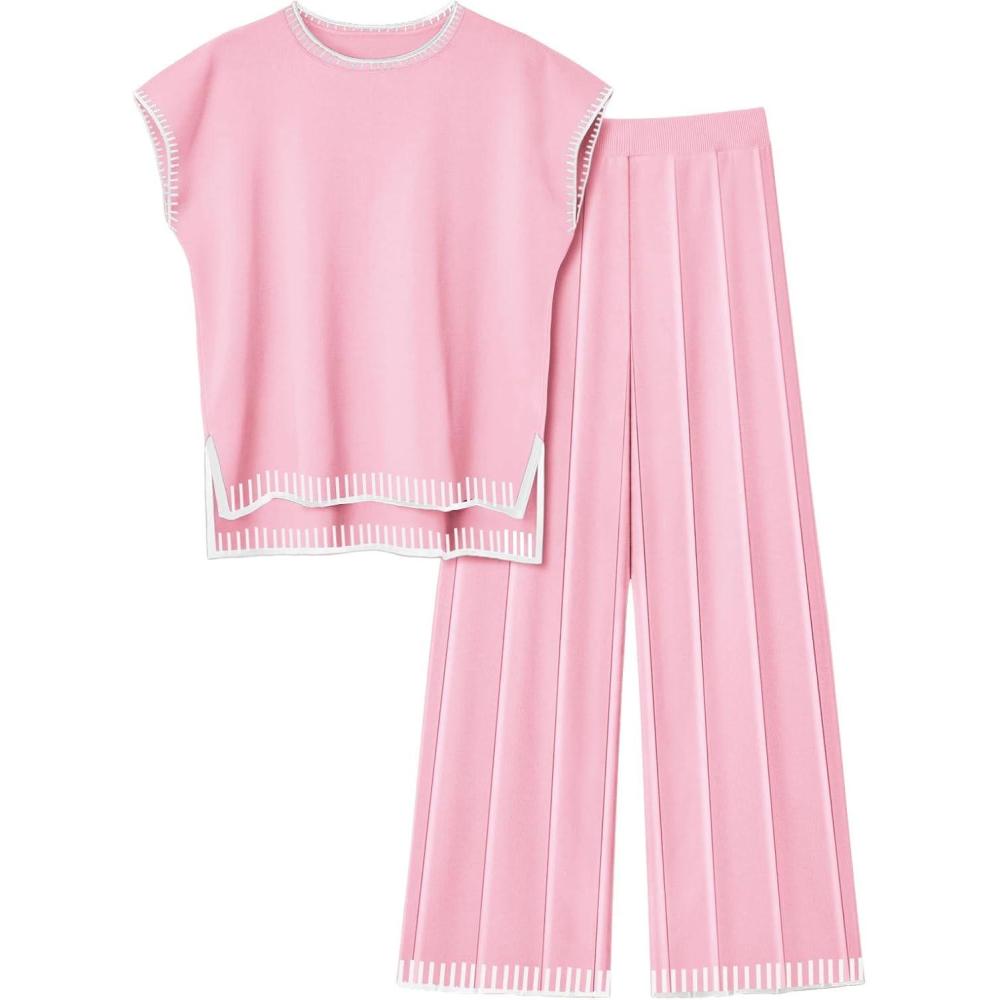 imageEkouaer Womens Matching Sets Knit Sweater Sets 2 Pieces Outfits Pullover Tops Wide Legs Pants Lounge SetPink