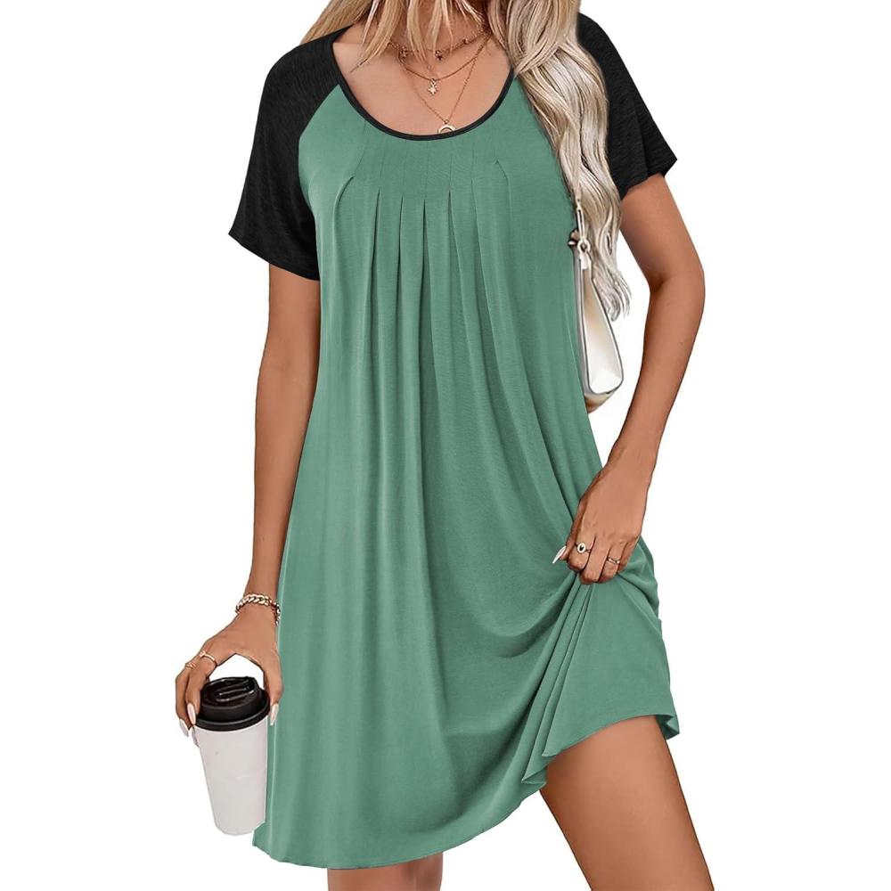 imageEkouaer Womens Nightgown Short Sleeve Sleepwear Comfy Sleepshirts Pleated Scoopneck Nightshirt SXXXLCeladon1