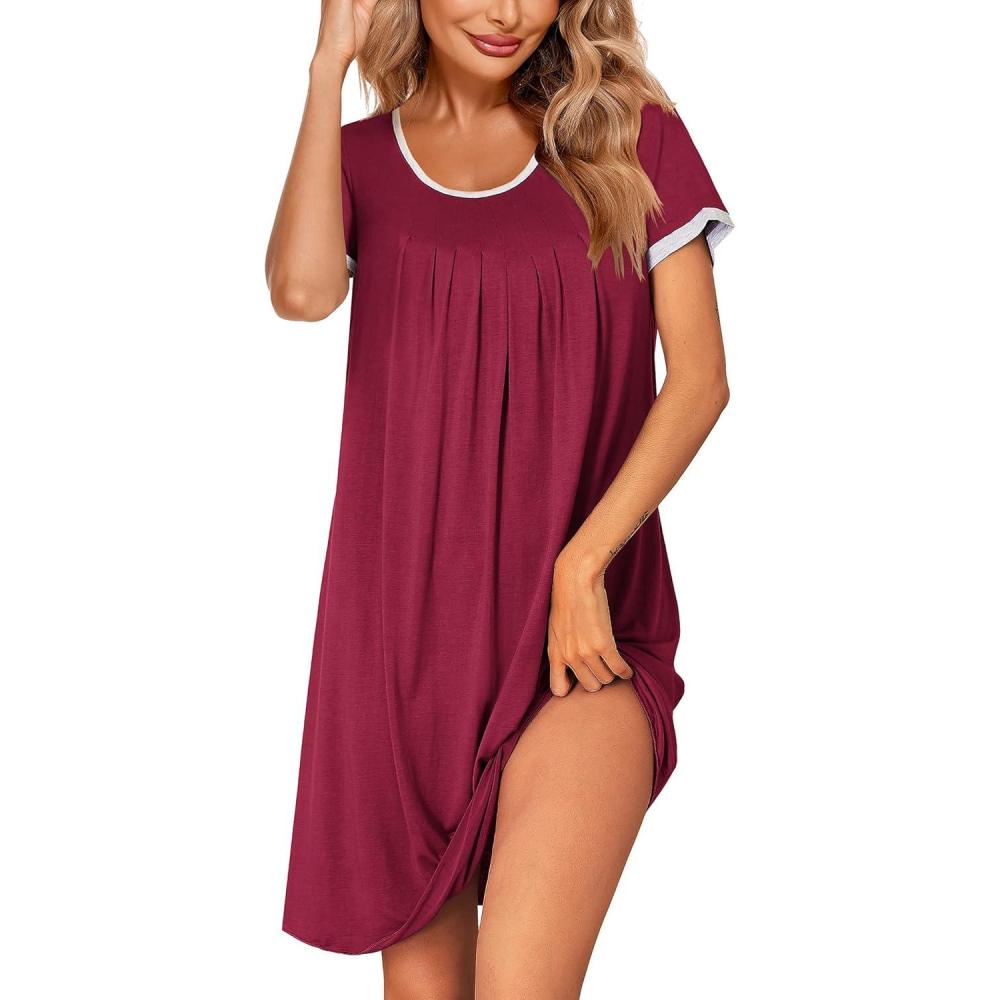 imageEkouaer Womens Nightgown Short Sleeve Sleepwear Comfy Sleepshirts Pleated Scoopneck Nightshirt SXXXLWinered
