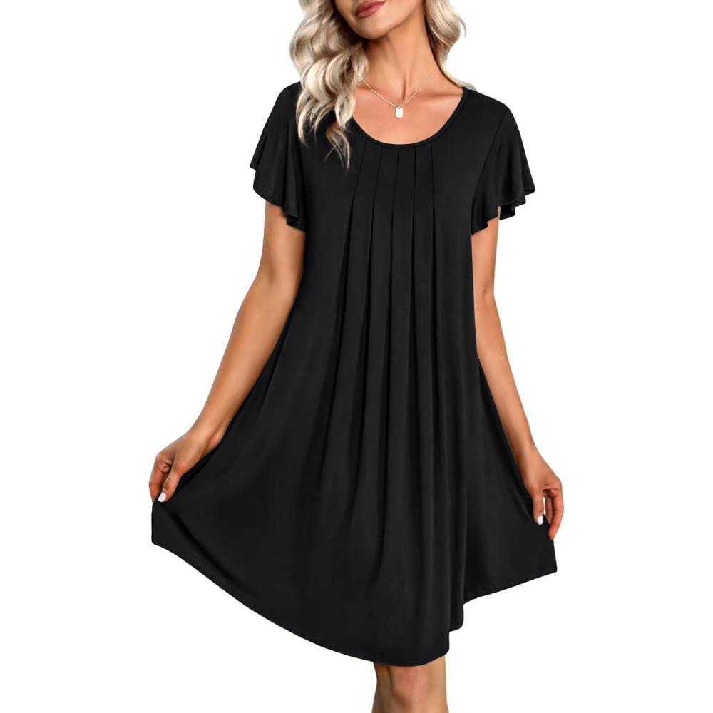 imageEkouaer Womens Nightgown Soft Sleepwear Pleated Sleepshirt Sleep Dress Short Sleeve Nightdress S3XLBlack