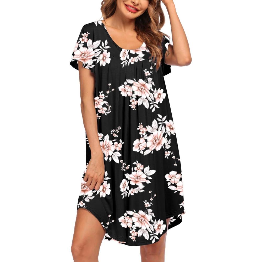 imageEkouaer Womens Nightgown Soft Sleepwear Pleated Sleepshirt Sleep Dress Short Sleeve Nightdress S3XLBlack Pink Flower