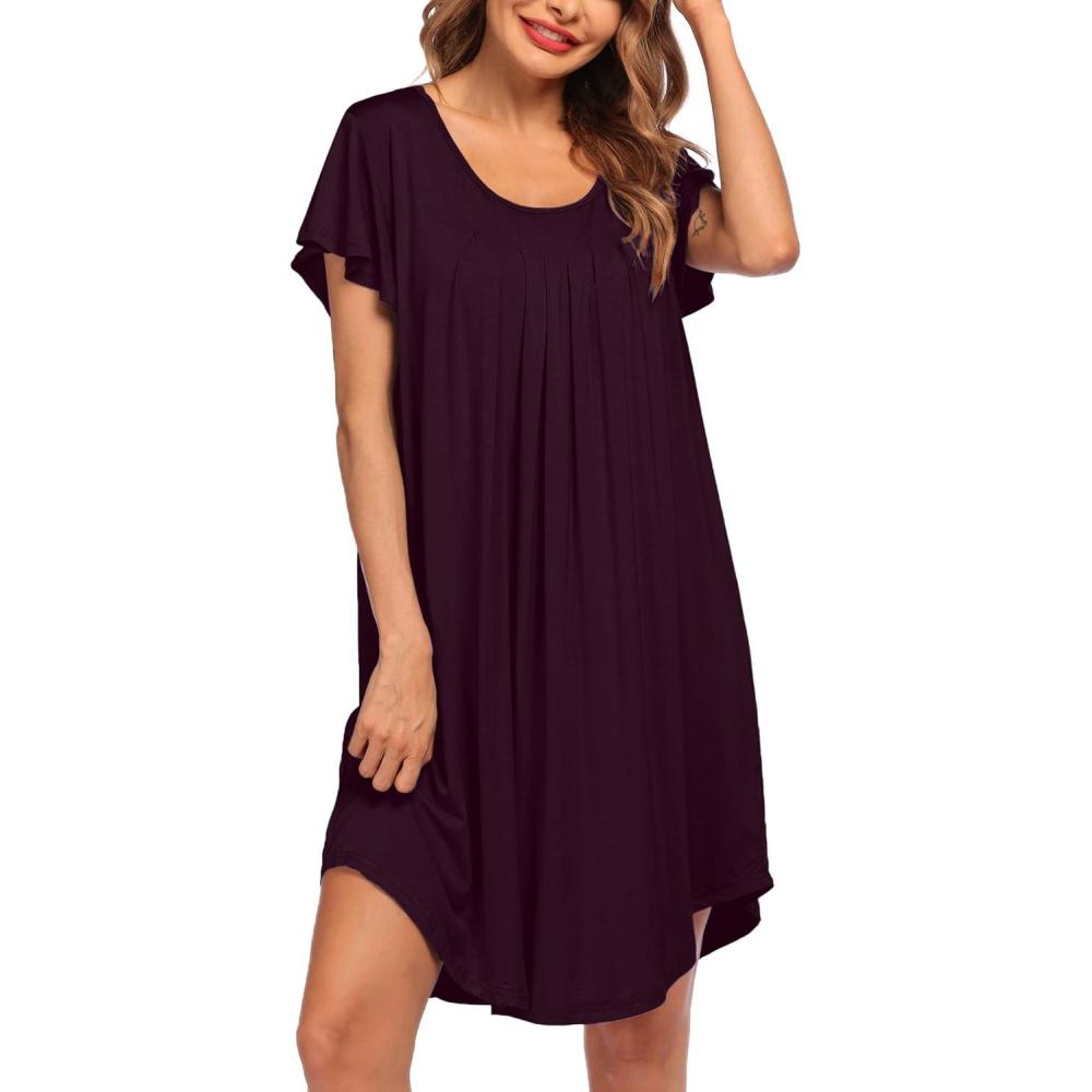imageEkouaer Womens Nightgown Soft Sleepwear Pleated Sleepshirt Sleep Dress Short Sleeve Nightdress S3XLCherry Red