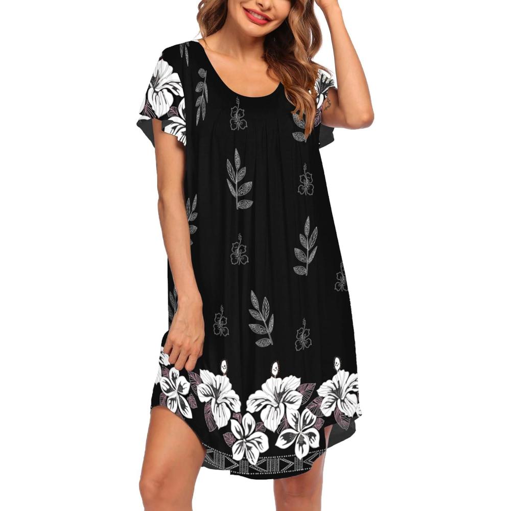 imageEkouaer Womens Nightgown Soft Sleepwear Pleated Sleepshirt Sleep Dress Short Sleeve Nightdress S3XLFloral Black