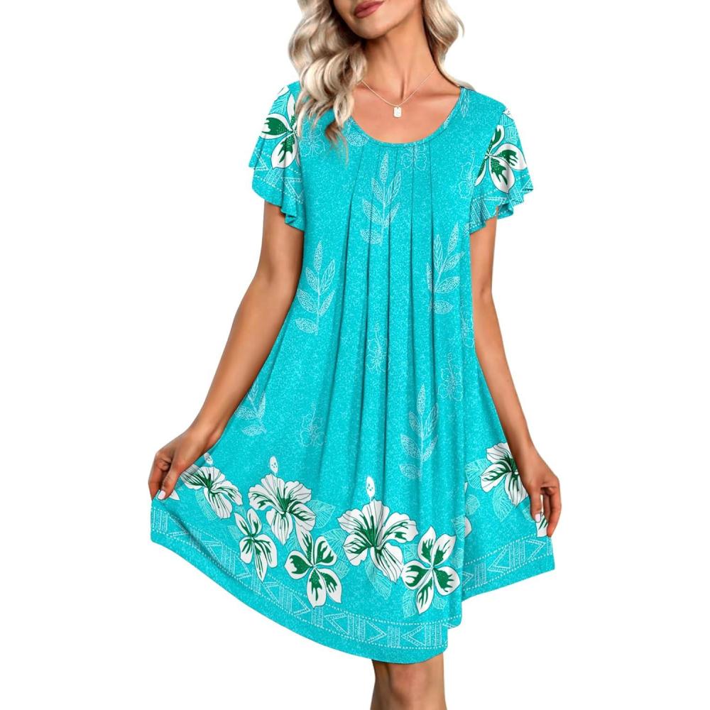imageEkouaer Womens Nightgown Soft Sleepwear Pleated Sleepshirt Sleep Dress Short Sleeve Nightdress S3XLFloral Light Blue