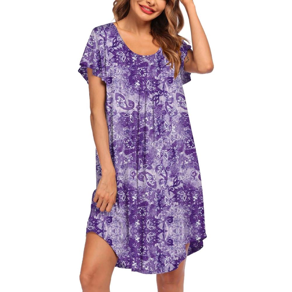 imageEkouaer Womens Nightgown Soft Sleepwear Pleated Sleepshirt Sleep Dress Short Sleeve Nightdress S3XLFloral Purple
