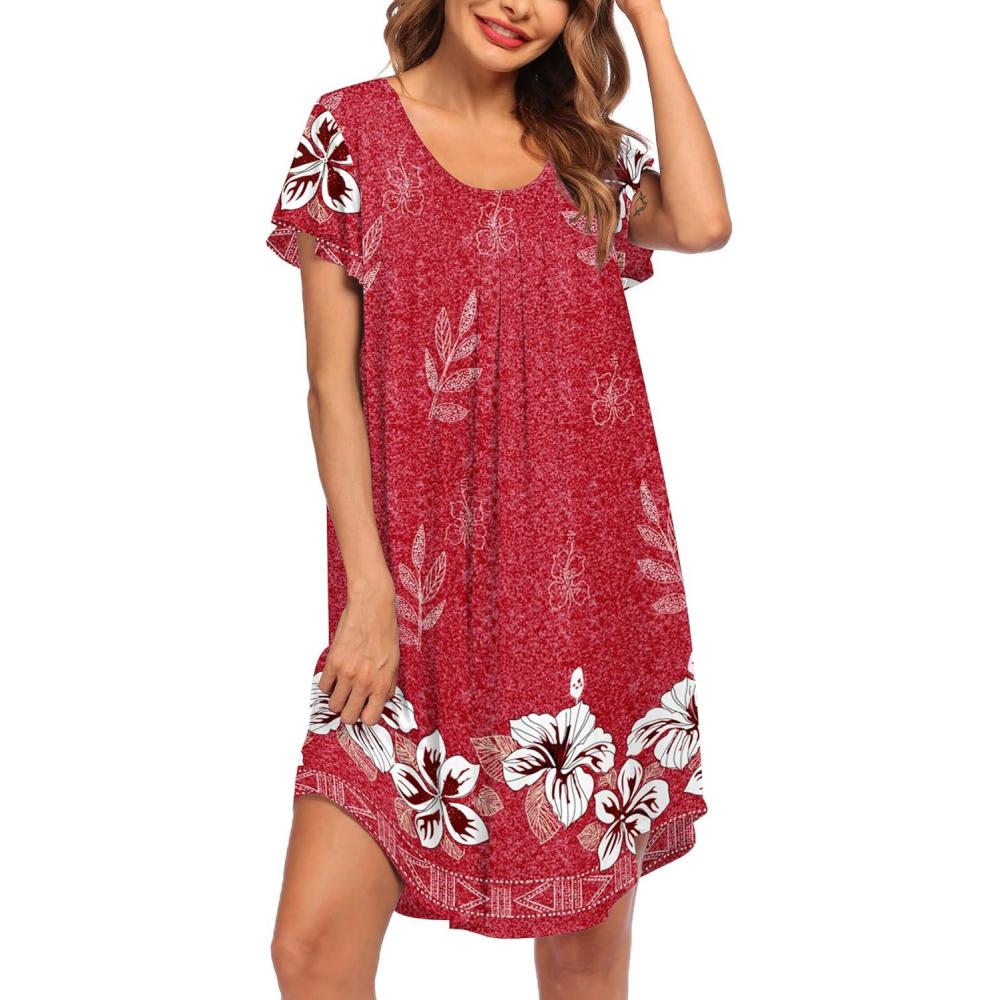 imageEkouaer Womens Nightgown Soft Sleepwear Pleated Sleepshirt Sleep Dress Short Sleeve Nightdress S3XLFloral Red