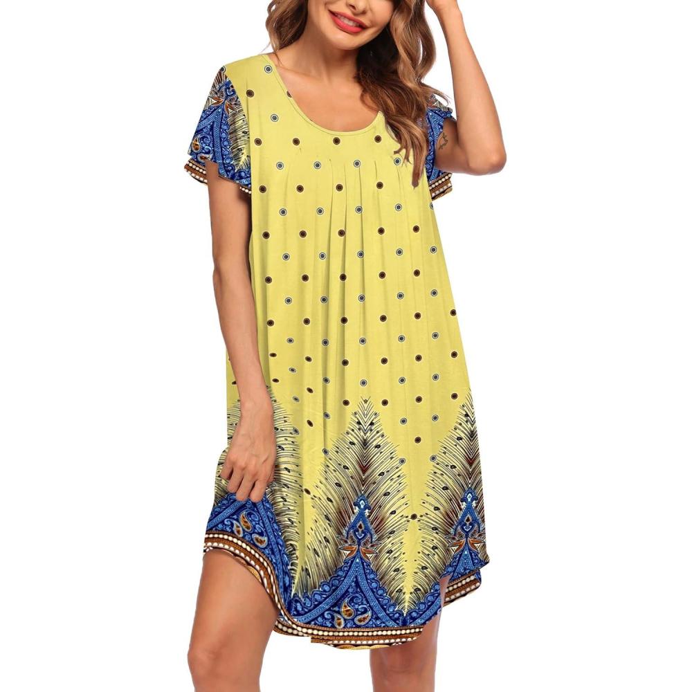 imageEkouaer Womens Nightgown Soft Sleepwear Pleated Sleepshirt Sleep Dress Short Sleeve Nightdress S3XLFloral Yellow