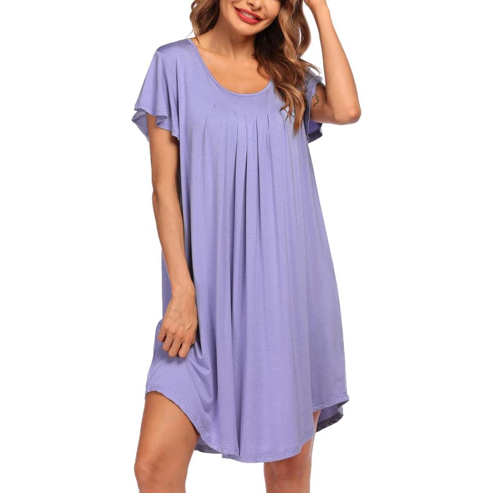 imageEkouaer Womens Nightgown Soft Sleepwear Pleated Sleepshirt Sleep Dress Short Sleeve Nightdress S3XLLilac