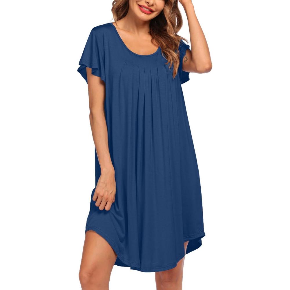 imageEkouaer Womens Nightgown Soft Sleepwear Pleated Sleepshirt Sleep Dress Short Sleeve Nightdress S3XLNew Blue