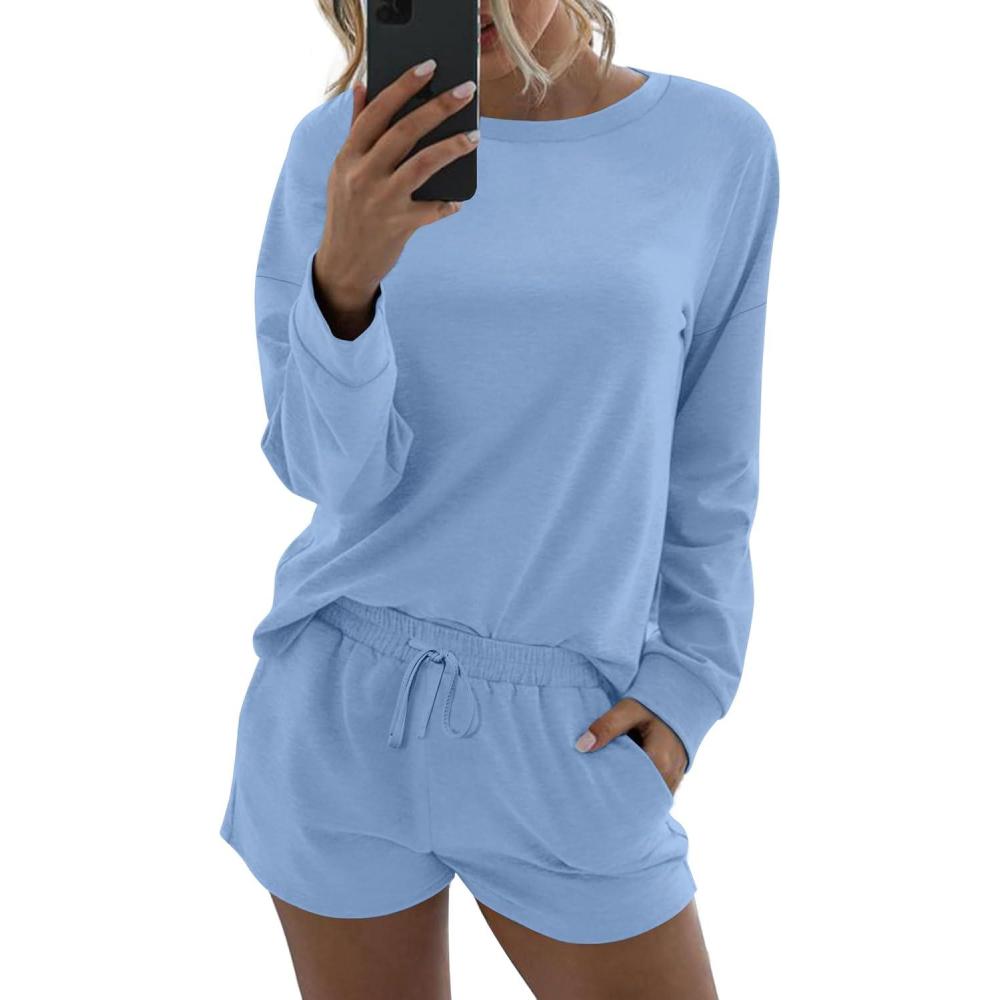 imageEkouaer Womens Pajama Sets 2 Piece Lounge Set Casual Long Sleeve Loungewear Matching SleepwearBaby Blue