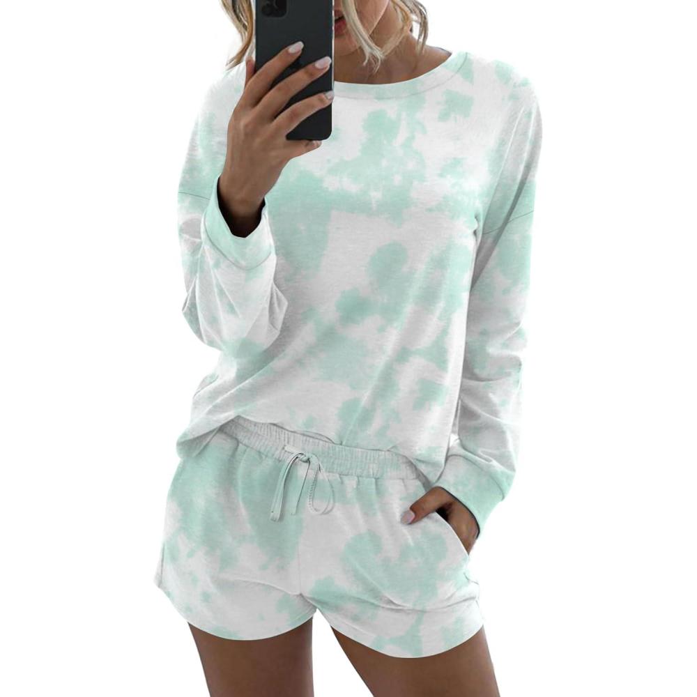 imageEkouaer Womens Pajama Sets 2 Piece Lounge Set Casual Long Sleeve Loungewear Matching SleepwearGreen Tiedye