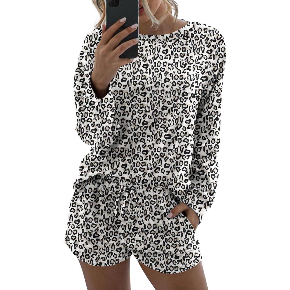 imageEkouaer Womens Pajama Sets 2 Piece Lounge Set Casual Long Sleeve Loungewear Matching SleepwearWhite Leopard