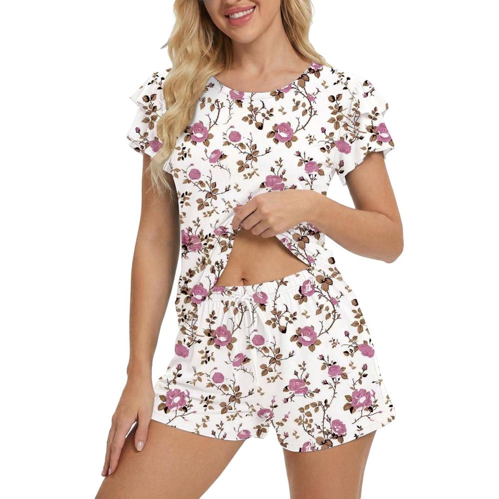 imageEkouaer Womens Pajama Sets 2 Piece Ruffle Sleeves Top and Shorts Pjs Soft Sleepwear Casual Lounge Set with PocketsFlower