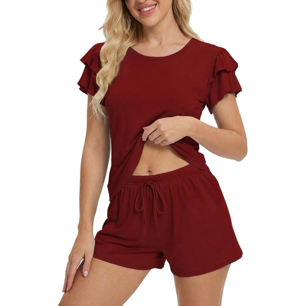 imageEkouaer Womens Pajama Sets 2 Piece Ruffle Sleeves Top and Shorts Pjs Soft Sleepwear Casual Lounge Set with PocketsWine Red