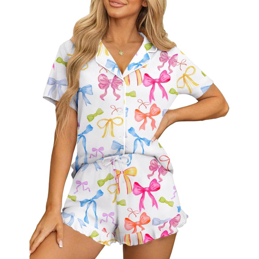 imageEkouaer Womens Pajama Sets Button Down Short Sleeve Top and Shorts Cute Pjs Sets SleepwearColorful Bow