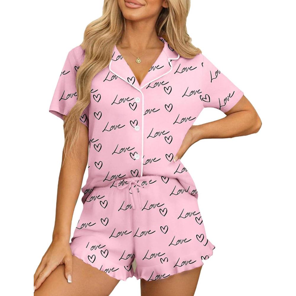imageEkouaer Womens Pajama Sets Button Down Short Sleeve Top and Shorts Cute Pjs Sets SleepwearLetter Heart