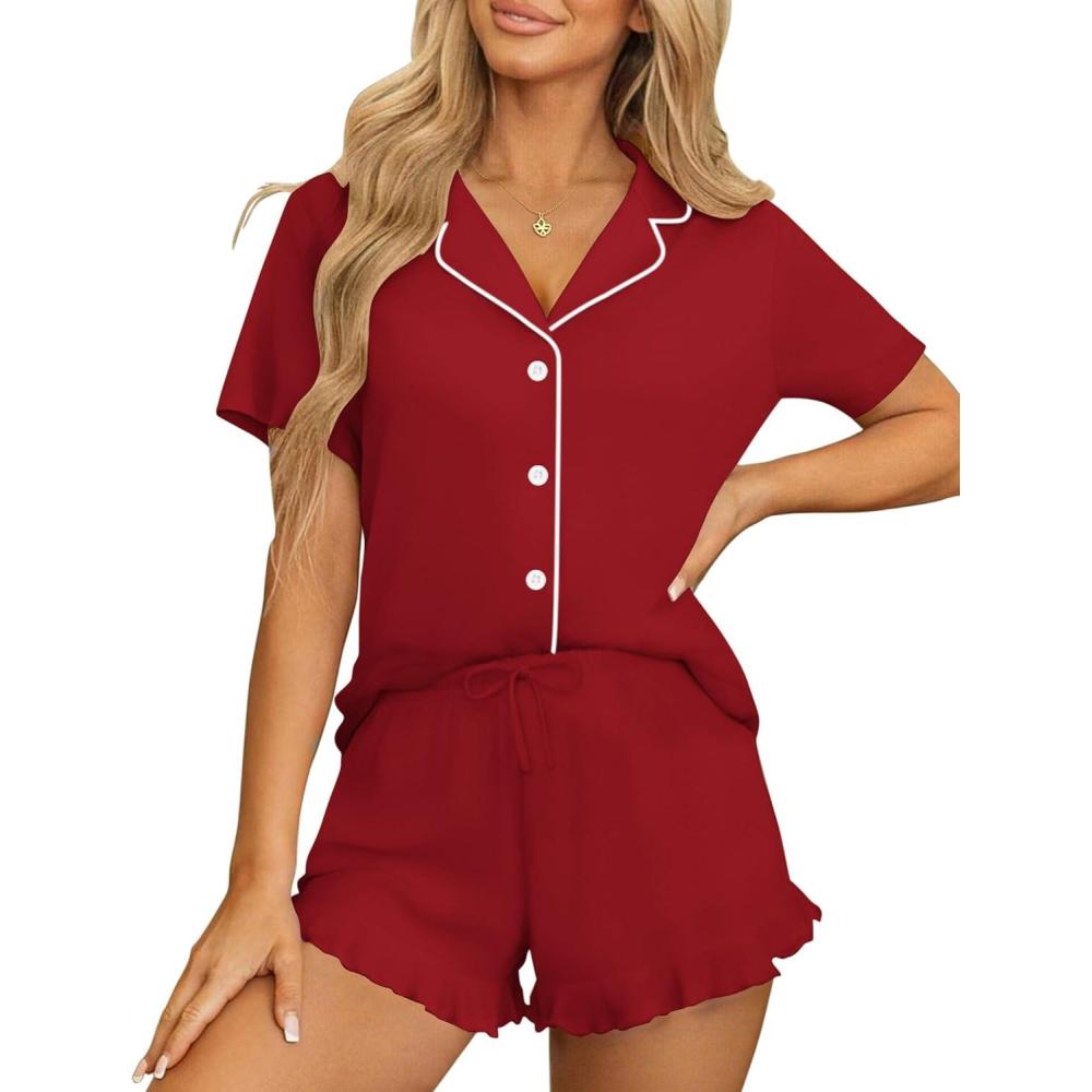 imageEkouaer Womens Pajama Sets Button Down Short Sleeve Top and Shorts Cute Pjs Sets SleepwearRed