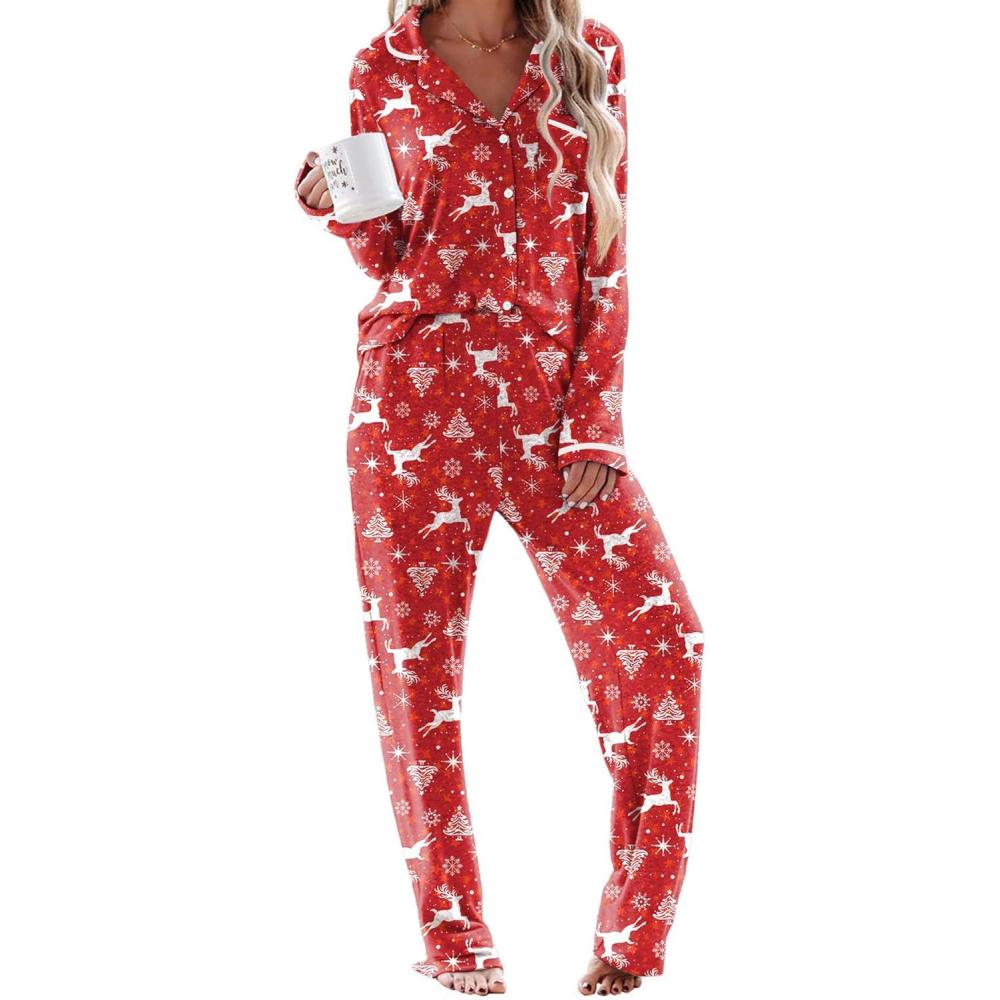 imageEkouaer Womens Pajama Sets Long Sleeve Button Down 2 Piece Pjs Soft Lounge Sets Notch Collar SleepwearChristmas Red