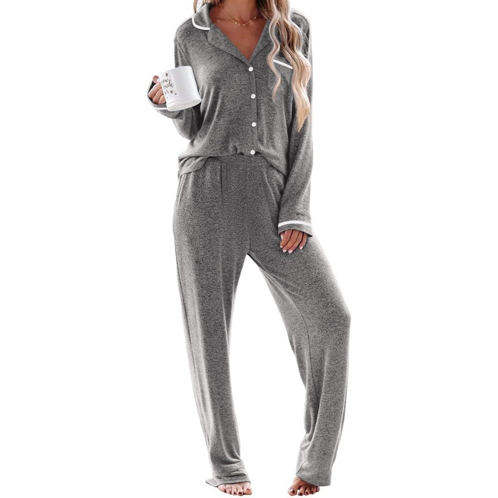imageEkouaer Womens Pajama Sets Long Sleeve Button Down 2 Piece Pjs Soft Lounge Sets Notch Collar SleepwearDark Grey