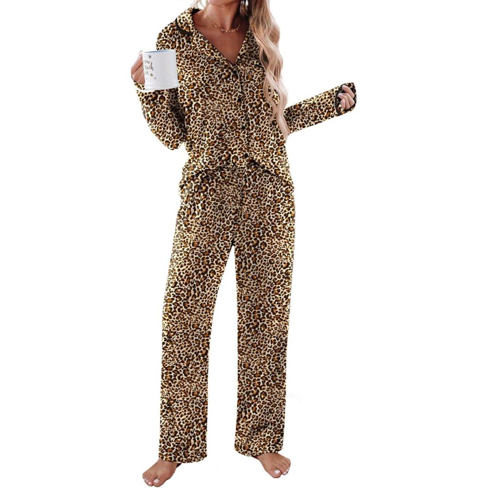 imageEkouaer Womens Pajama Sets Long Sleeve Button Down 2 Piece Pjs Soft Lounge Sets Notch Collar SleepwearLeopard