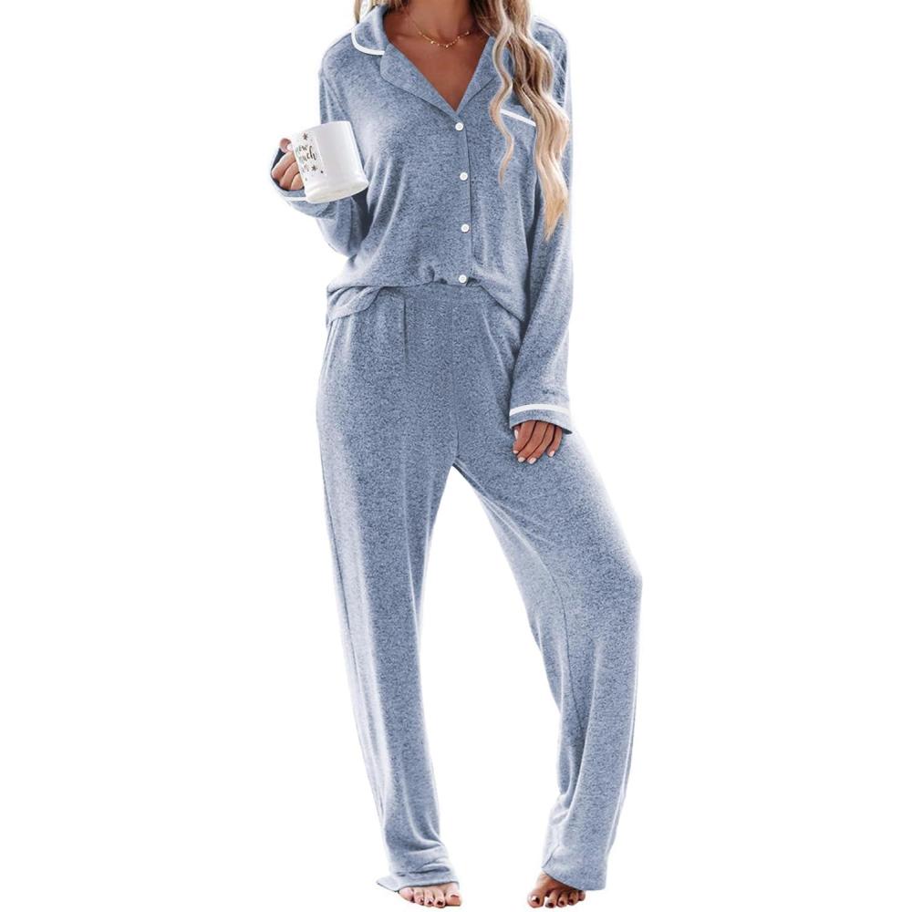 imageEkouaer Womens Pajama Sets Long Sleeve Button Down 2 Piece Pjs Soft Lounge Sets Notch Collar SleepwearLight Blue