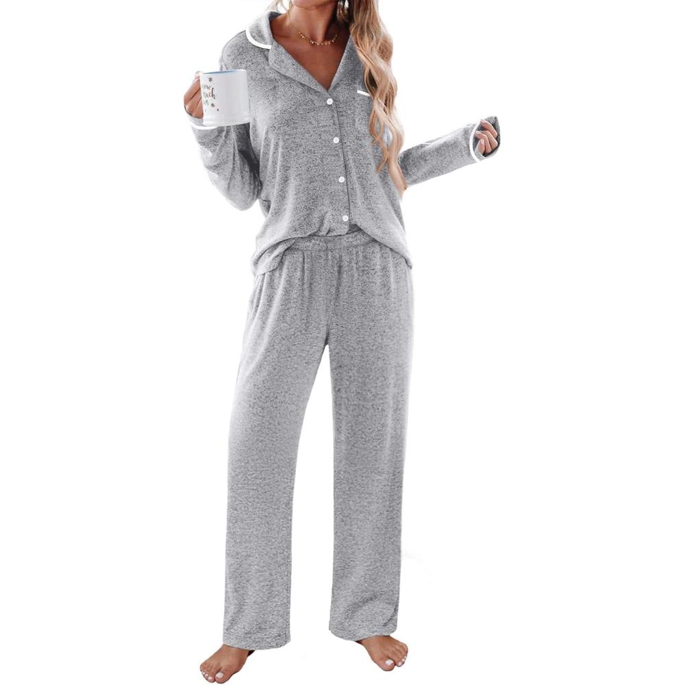 imageEkouaer Womens Pajama Sets Long Sleeve Button Down 2 Piece Pjs Soft Lounge Sets Notch Collar SleepwearLight Grey