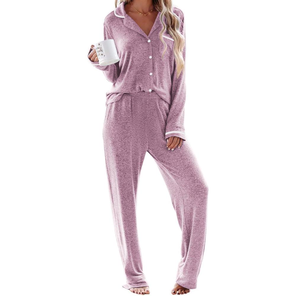imageEkouaer Womens Pajama Sets Long Sleeve Button Down 2 Piece Pjs Soft Lounge Sets Notch Collar SleepwearLilac