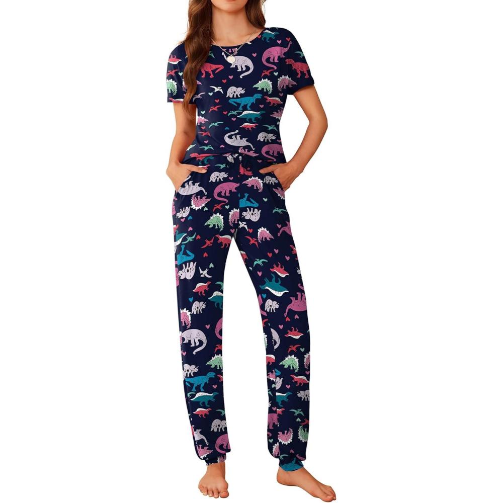 imageEkouaer Womens Pajama Sets Short Sleeve Lounge Sets for Women Printed Jogger Pajama Set 2 Piece Pj Sets With Pockets SXXLNavy Blue Dinosaur