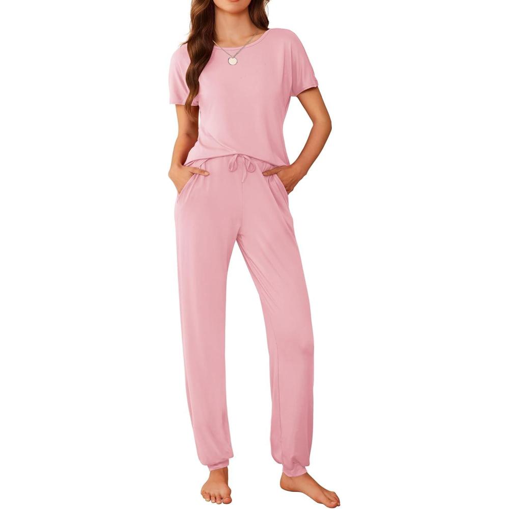 imageEkouaer Womens Pajama Sets Short Sleeve Lounge Sets for Women Printed Jogger Pajama Set 2 Piece Pj Sets With Pockets SXXLPink