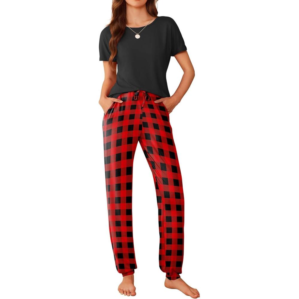 imageEkouaer Womens Pajama Sets Short Sleeve Lounge Sets for Women Printed Jogger Pajama Set 2 Piece Pj Sets With Pockets SXXLRed Plaid