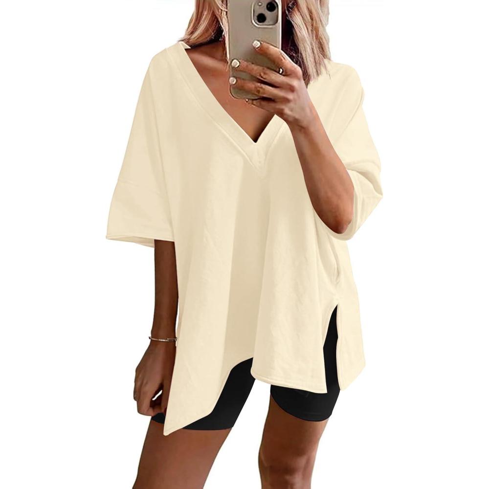 imageEkouaer Womens Pajamas 2 Piece Lounge Sets Oversized V Neck TShirts Tops Biker Shorts Set Workout Reversible Tracksuit SXXLApricot