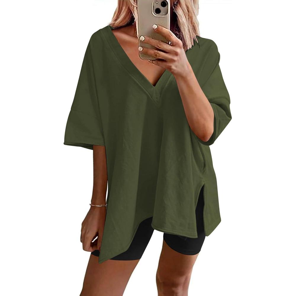 imageEkouaer Womens Pajamas 2 Piece Lounge Sets Oversized V Neck TShirts Tops Biker Shorts Set Workout Reversible Tracksuit SXXLArmy GreenBlack